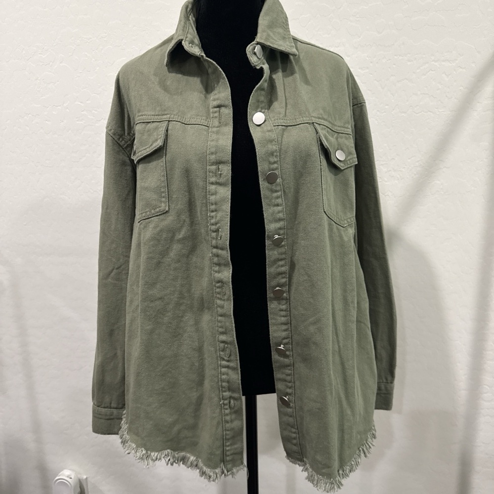 Khaki green denim jacket with fringe size medium